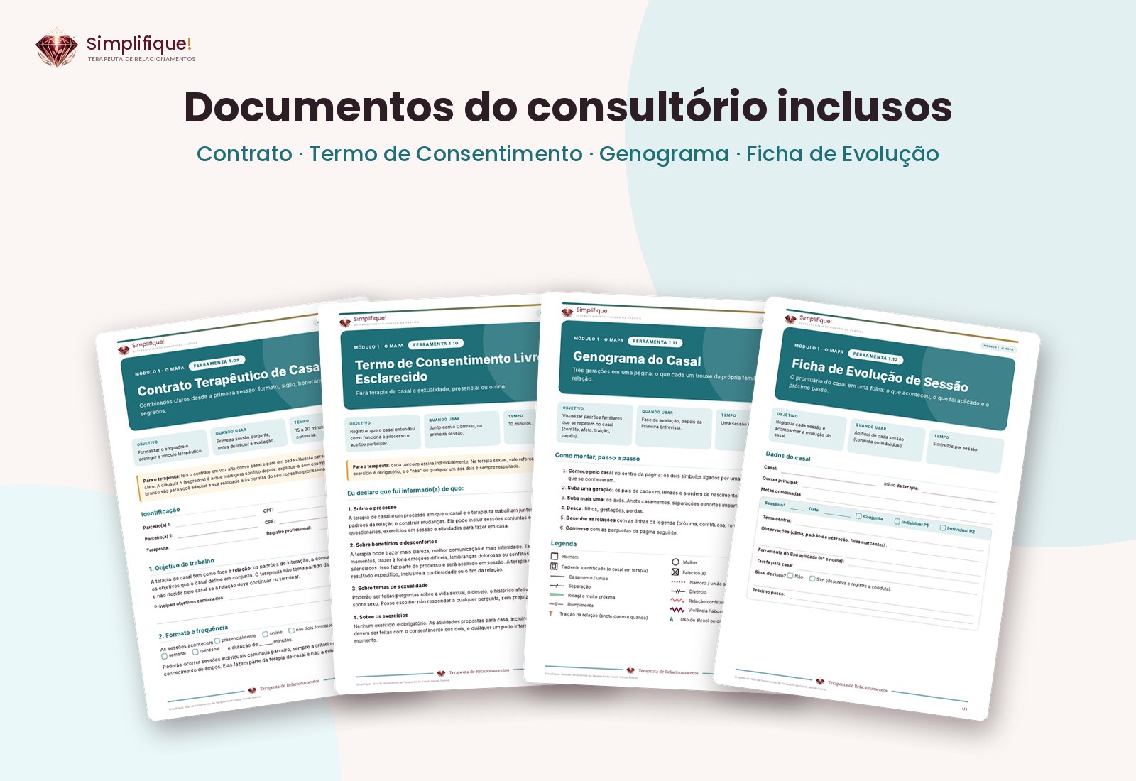 Contrato terapêutico, termo de consentimento, genograma e ficha de evolução